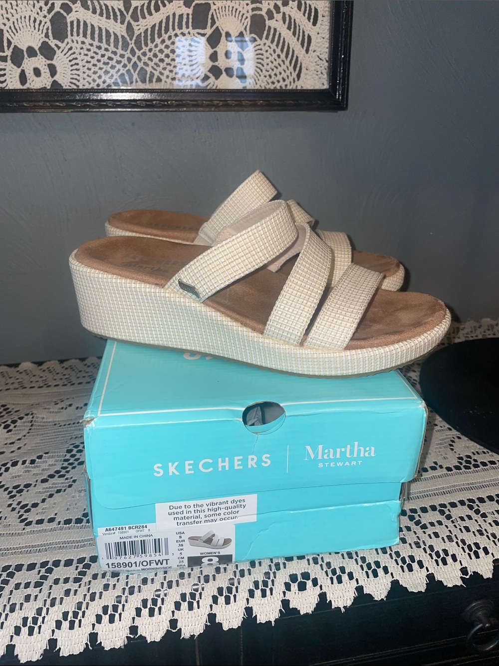 Martha Stewart sketchers Cream Wedge Slide Sandals with Triple Straps